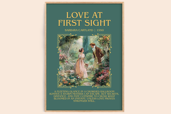 Love at First Sight minimalist book poster by Barbara Cartland – framed literary art print