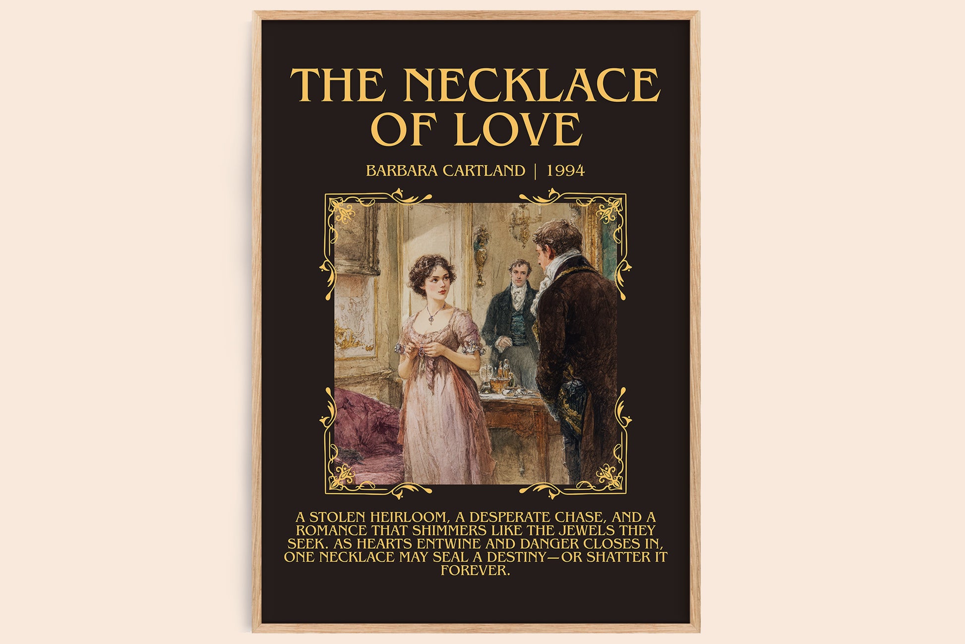 The Necklace of Love minimalist book poster by Barbara Cartland – framed literary art print