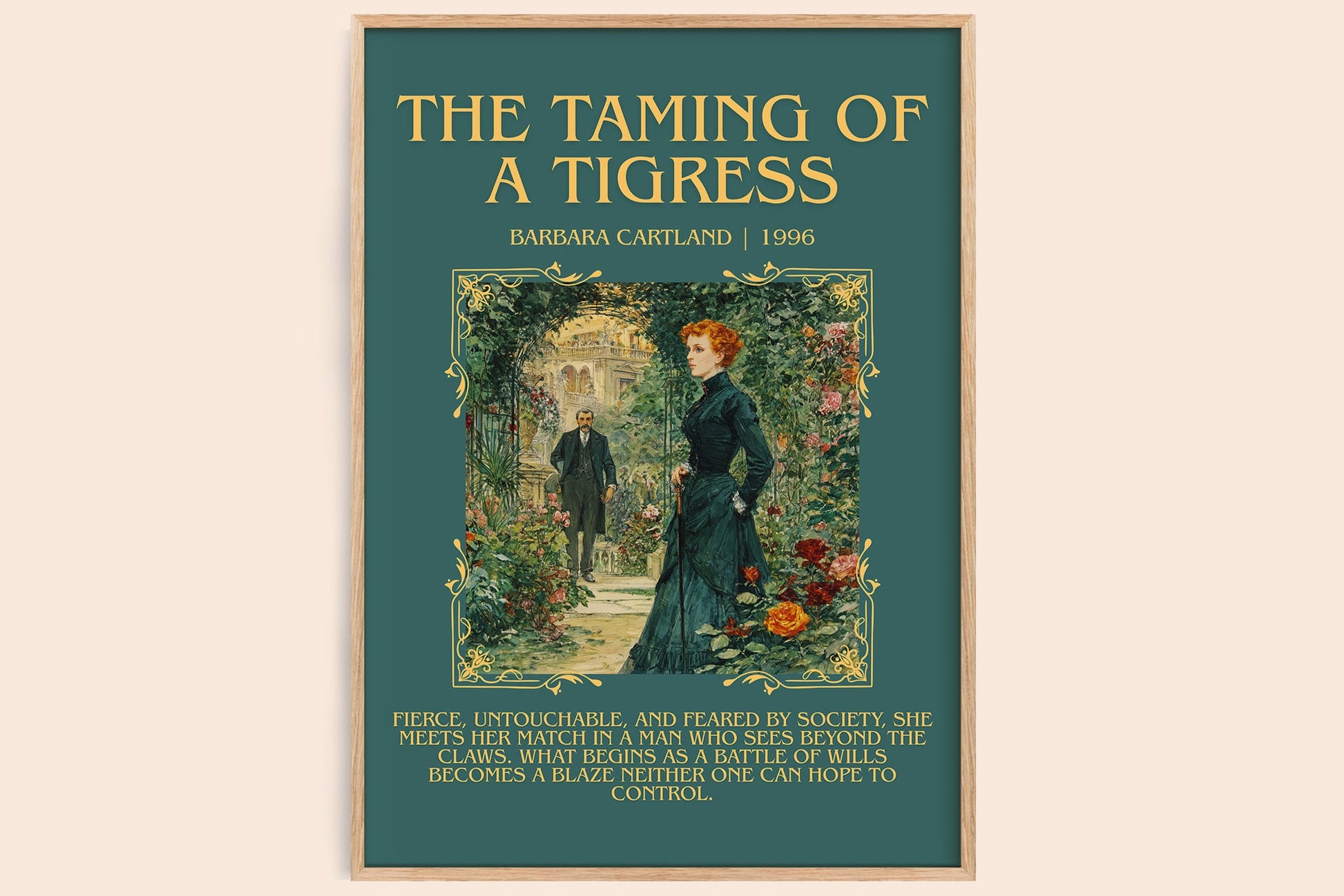 The Taming of a Tigress minimalist book poster by Barbara Cartland – framed literary art print