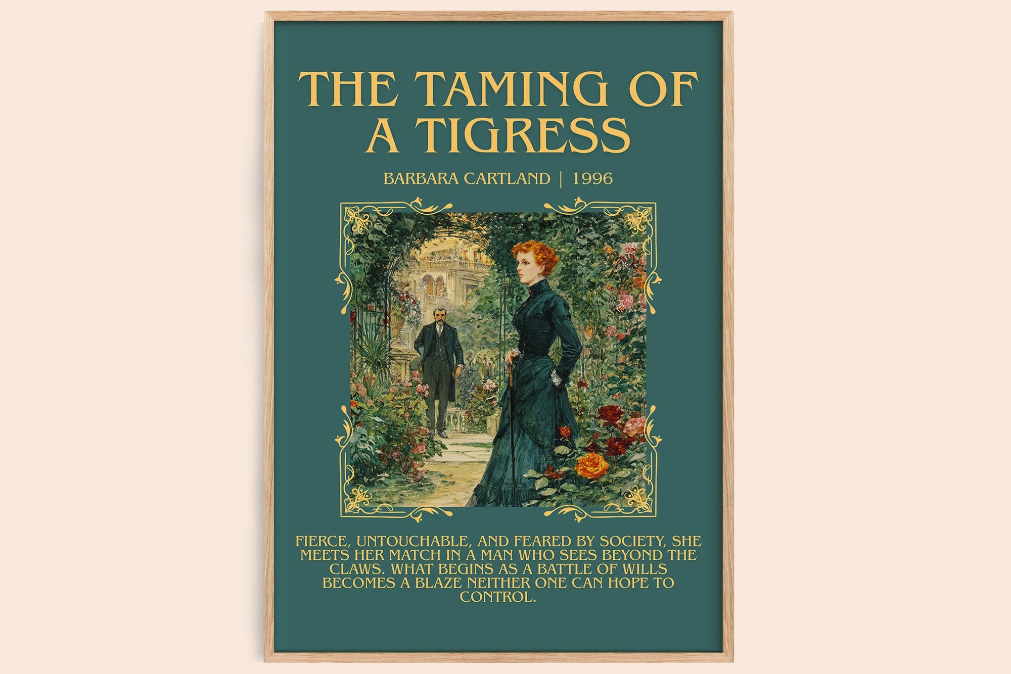 The Taming of a Tigress minimalist book poster by Barbara Cartland – framed literary art print