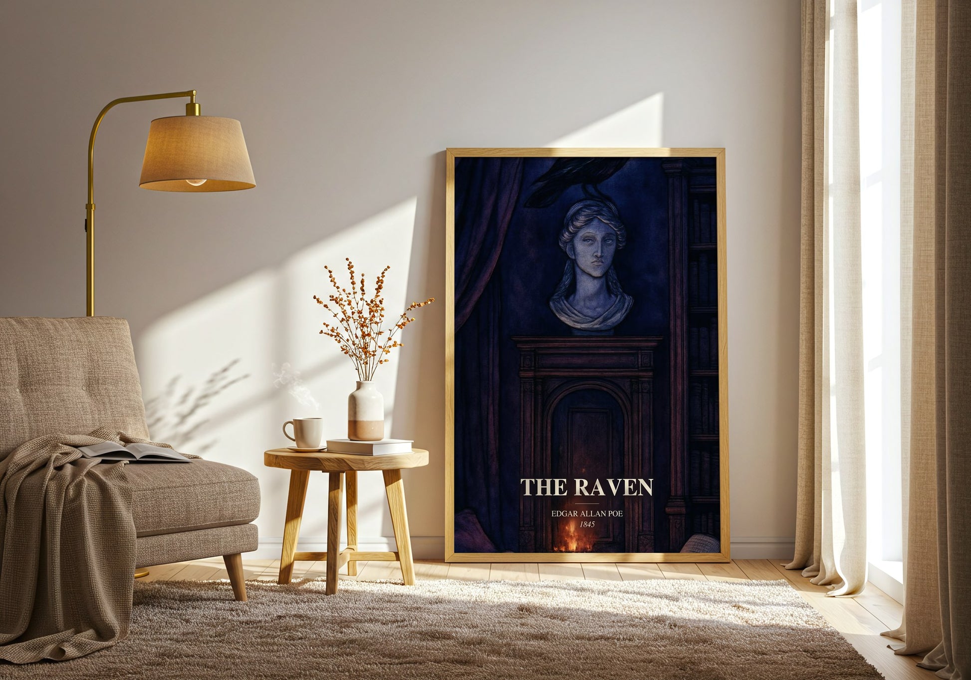 The Raven watercolour print in frame leaning in hallway – poetry wall art