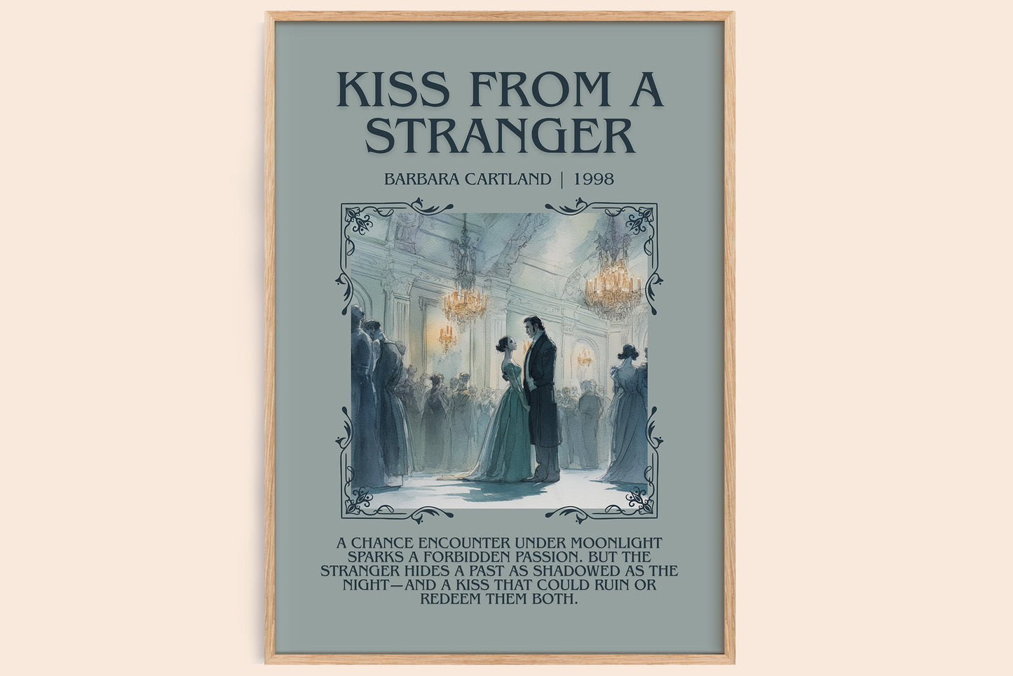 Kiss from a Stranger minimalist book poster by Barbara Cartland – framed literary art print