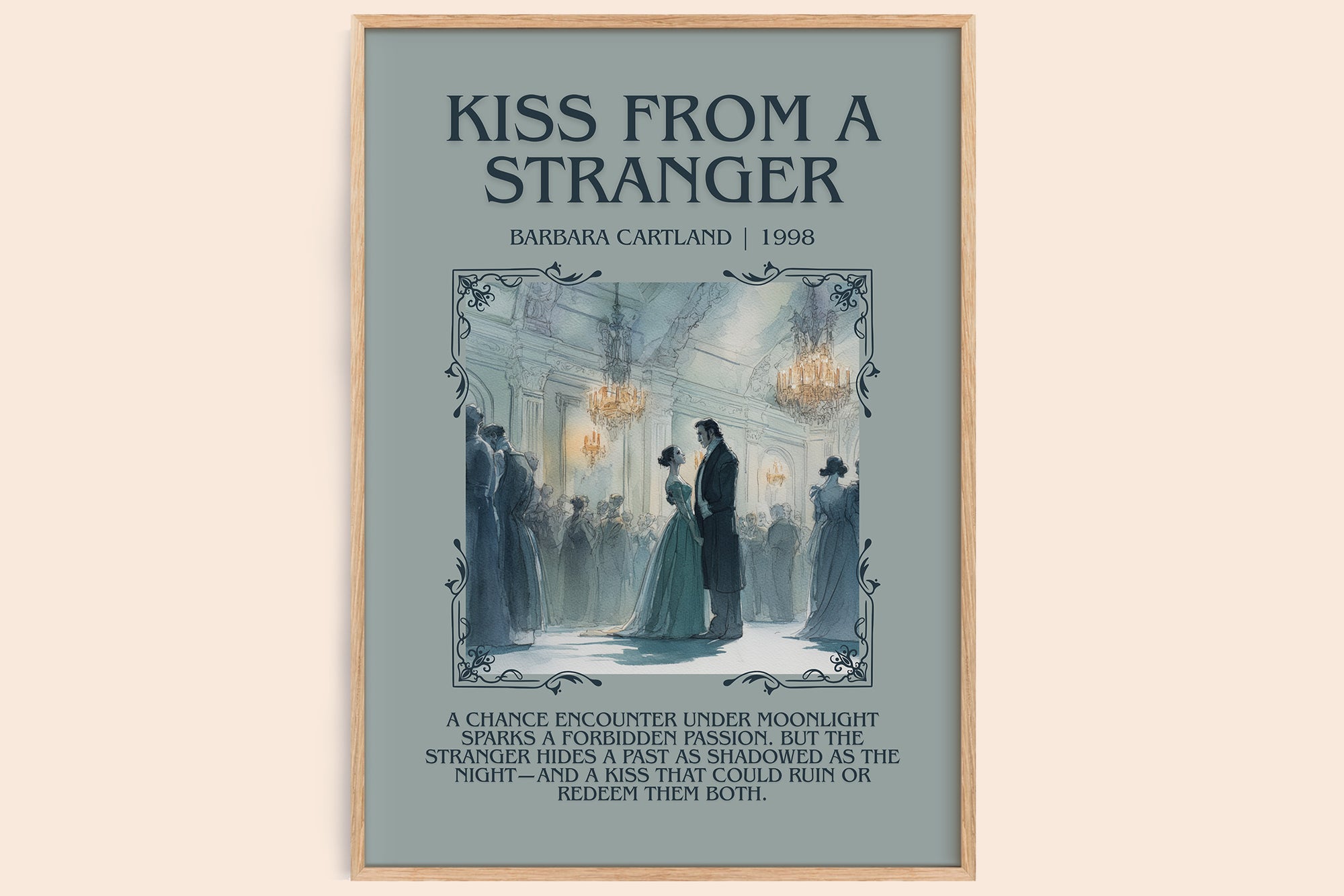 Kiss from a Stranger minimalist book poster by Barbara Cartland – framed literary art print