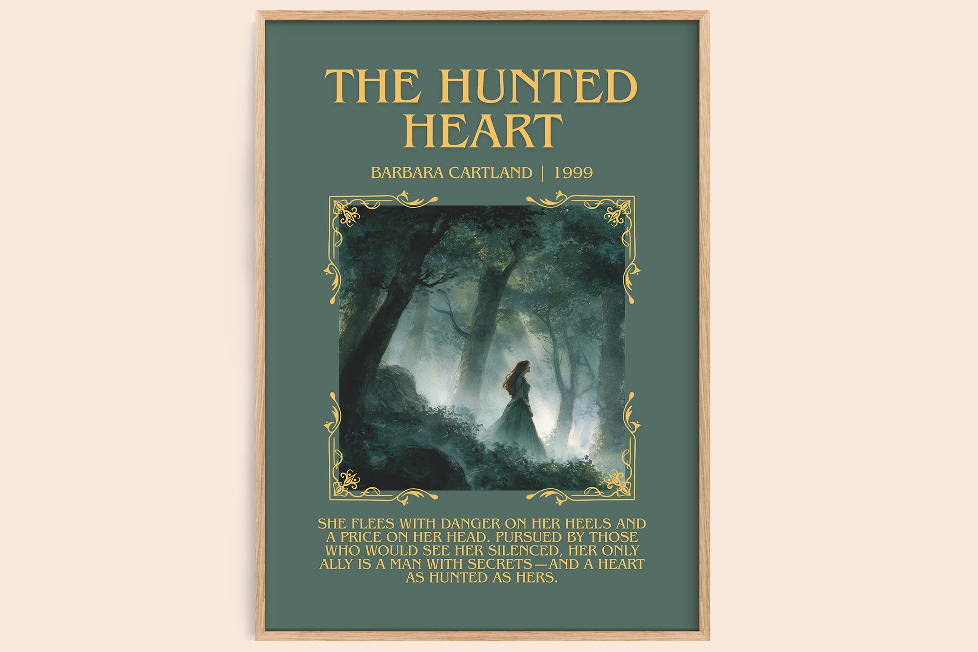 The Hunted Heart minimalist book poster by BARBARA. CARTLAND – framed literary art print