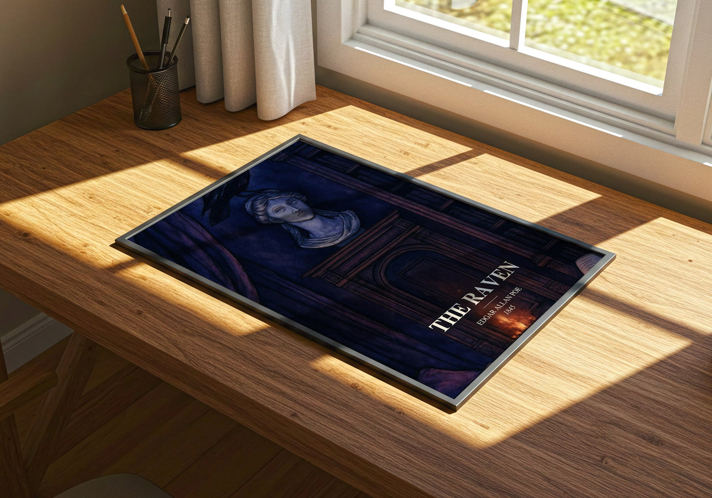 The Raven watercolour book poster framed on wall – poetry wall art
