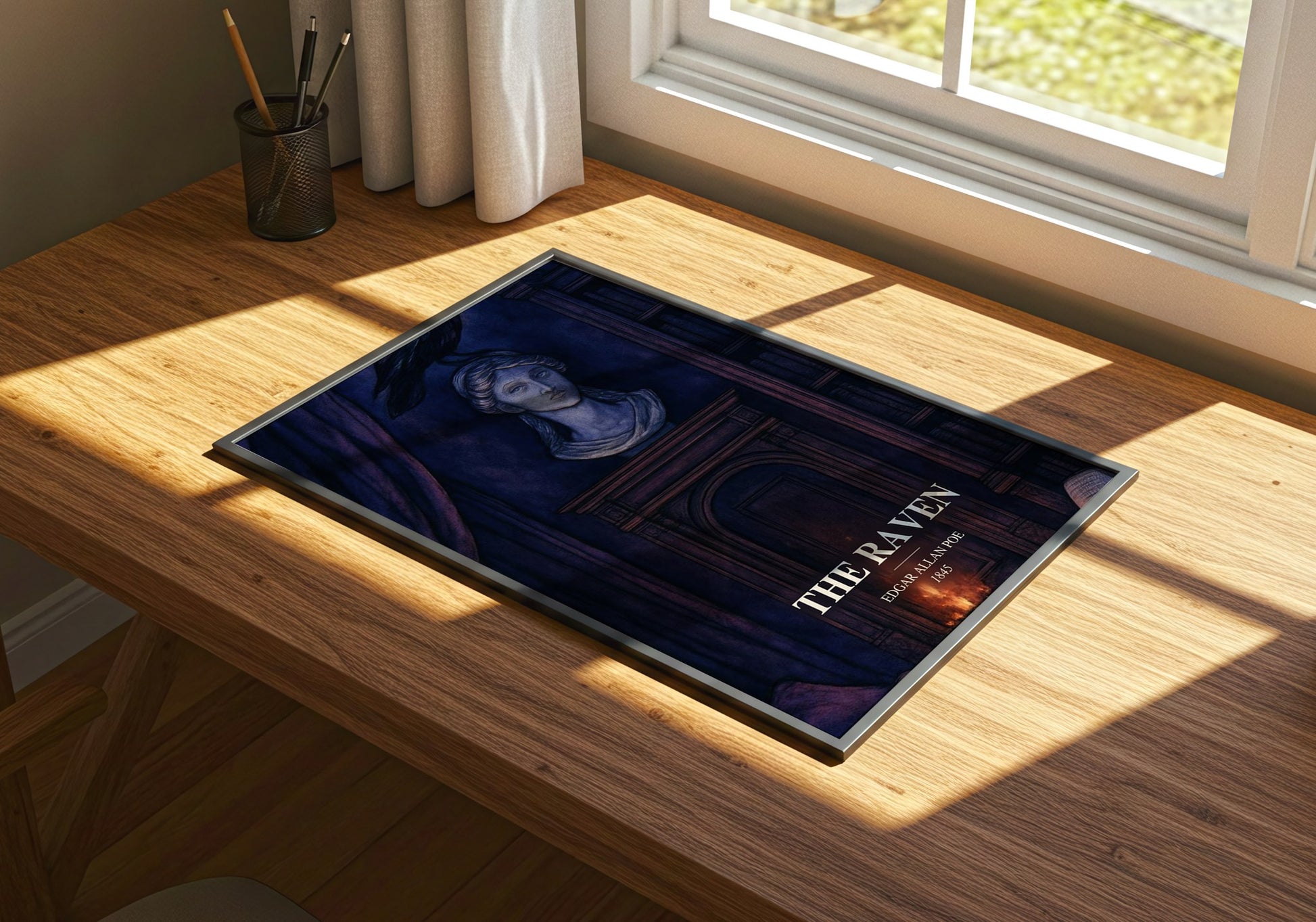The Raven watercolour book poster framed on wall – poetry wall art