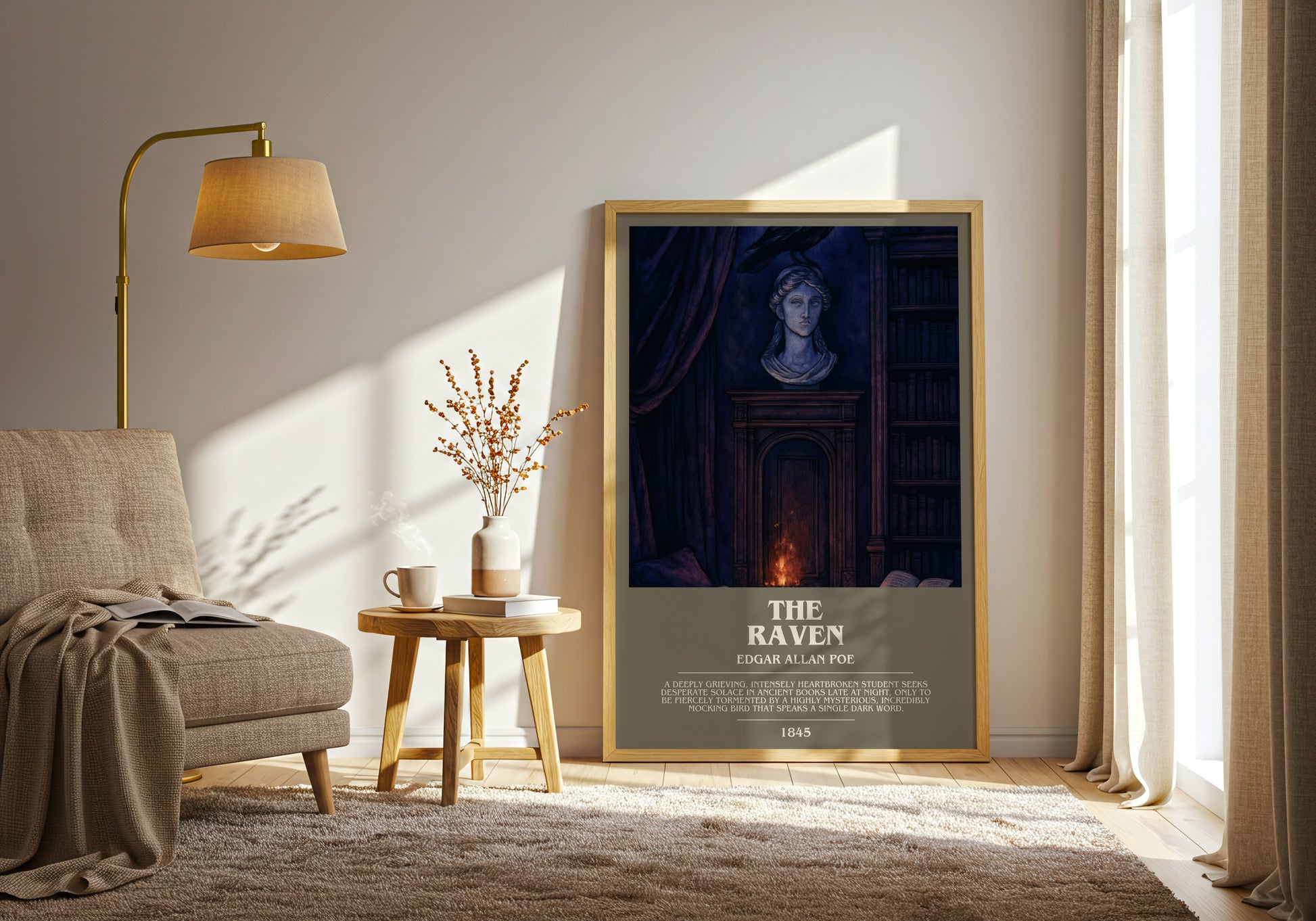 The Raven bookish print on bookshelf – Edgar Allan Poe fan gift