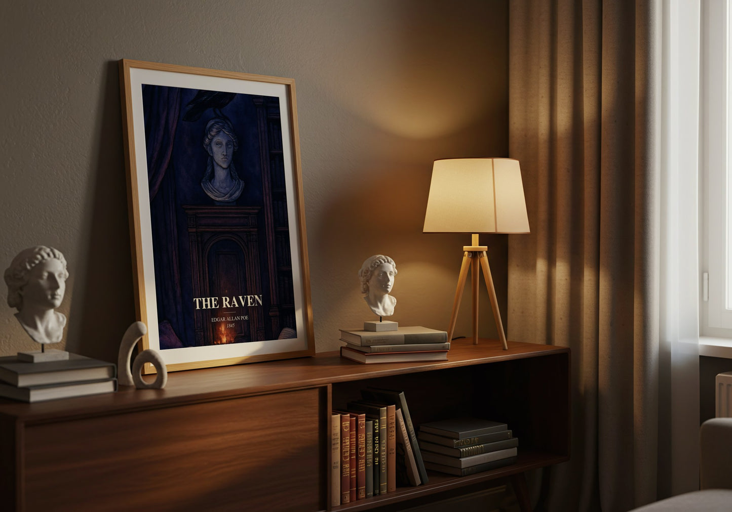 The Raven watercolour print on bookshelf – Edgar Allan Poe fan gift