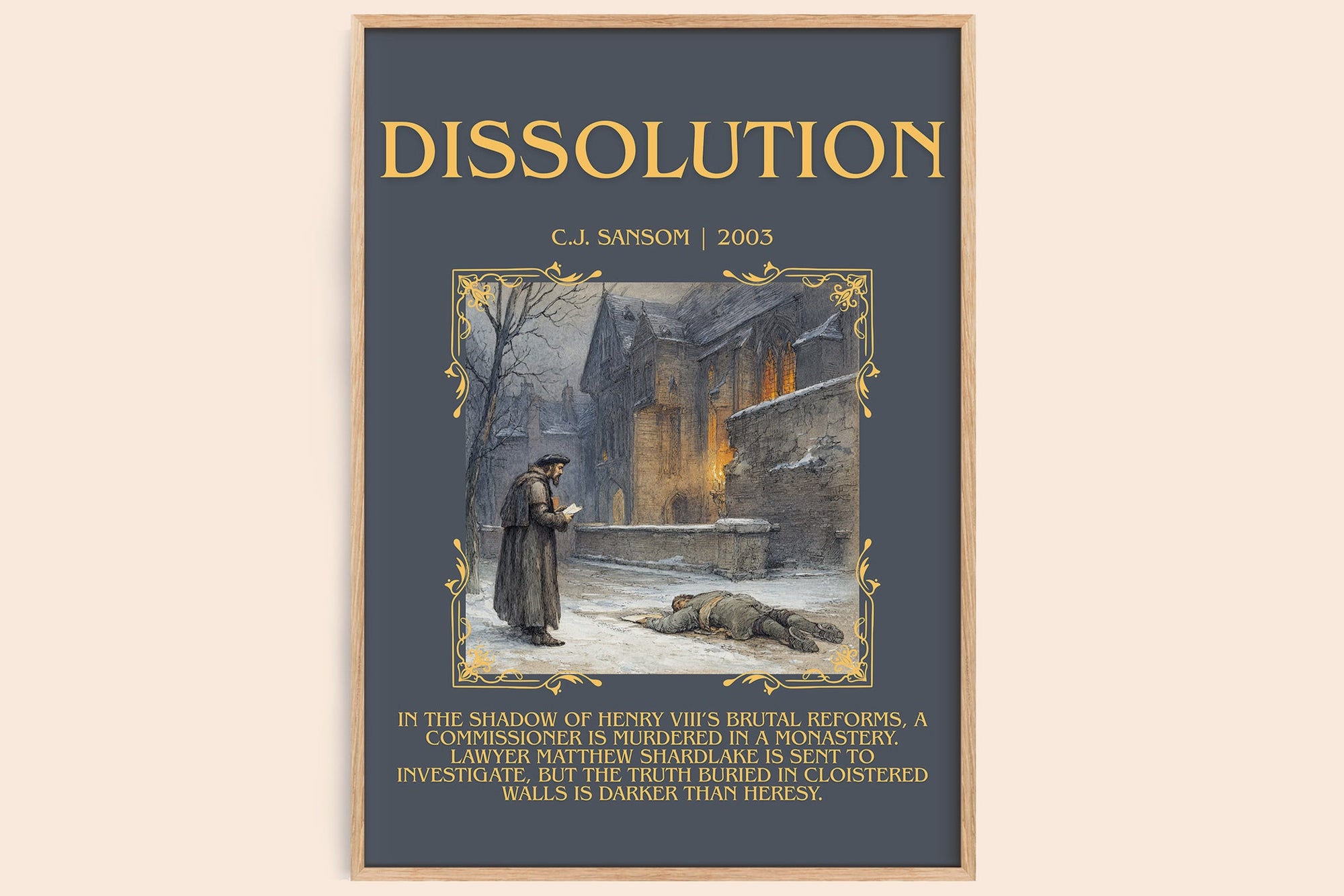 Dissolution minimalist book poster by C.J. Sansom – framed literary art print