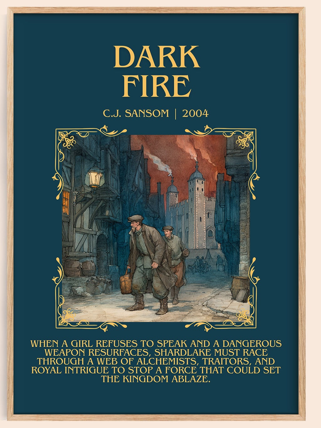 Dark Fire minimalist book poster by C.J. Sansom – framed literary art print