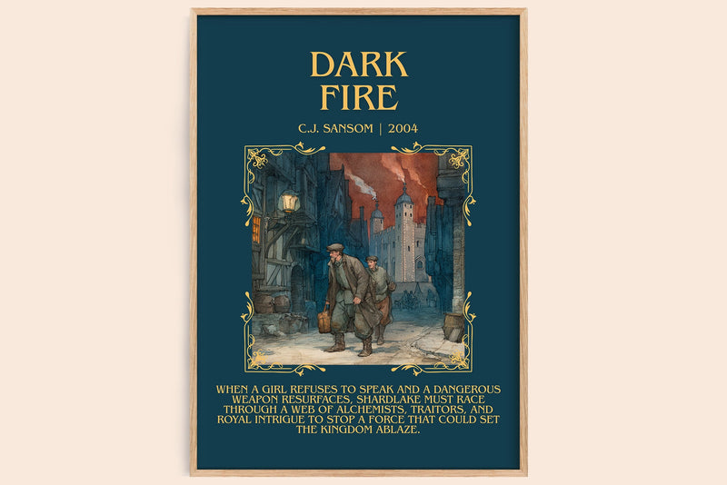 Dark Fire minimalist book poster by C.J. Sansom – framed literary art print