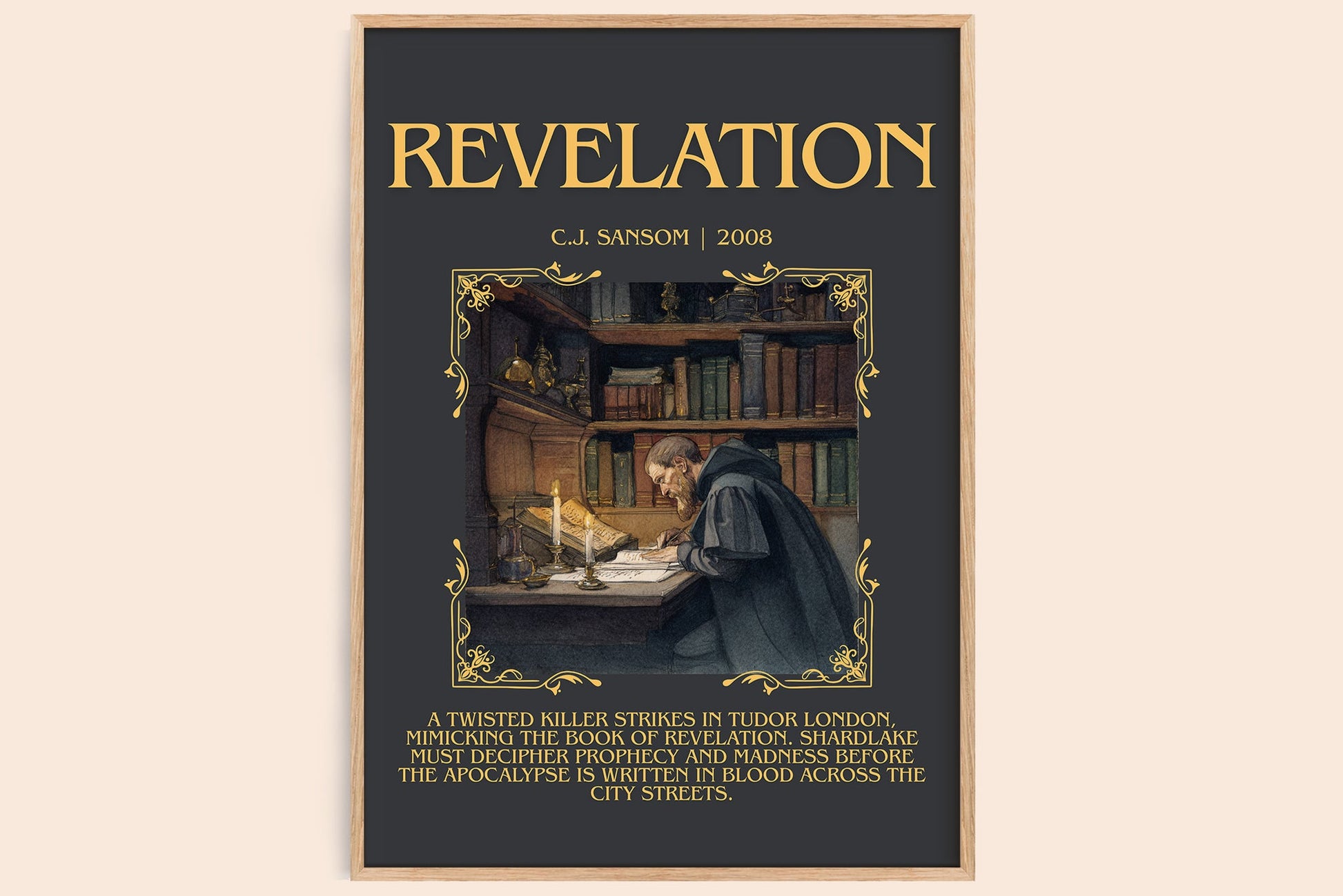 Revelation minimalist book poster by C.J. Sansom – framed literary art print