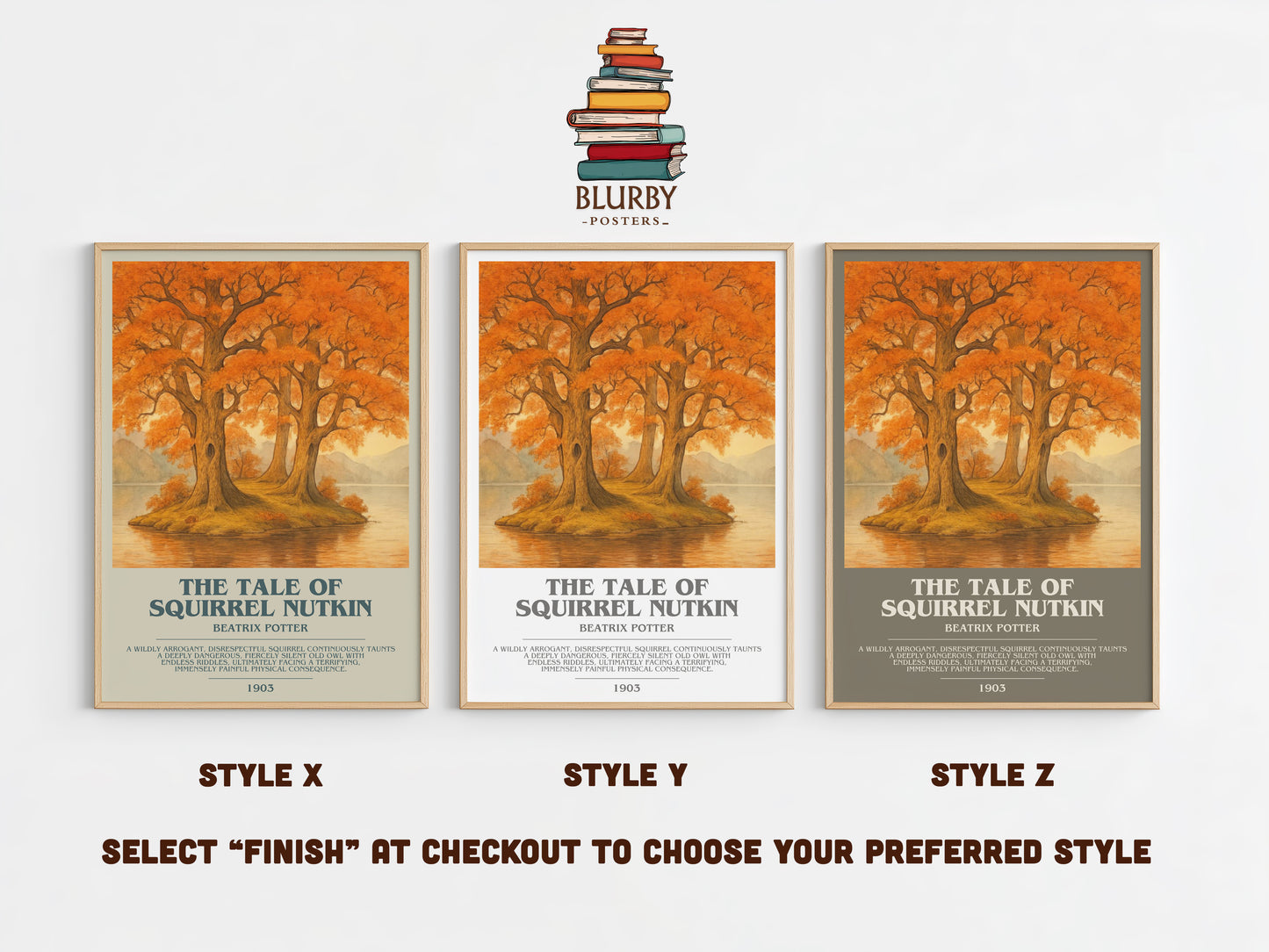 The Tale Of Squirrel Nutkin bookish print in frame leaning in hallway – childrens wall art