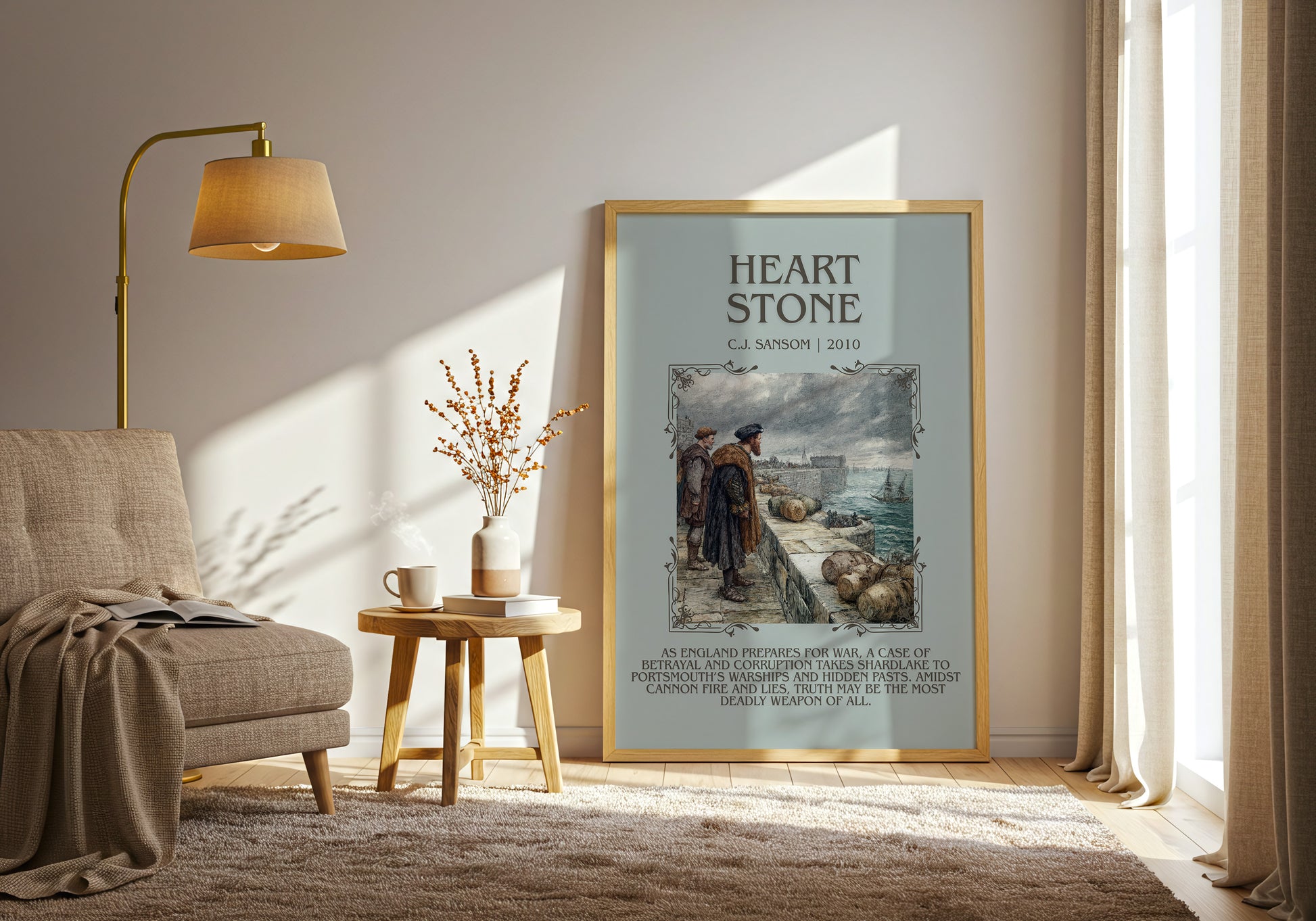 Heartstone minimalist print in frame leaning in hallway – historical fiction wall art