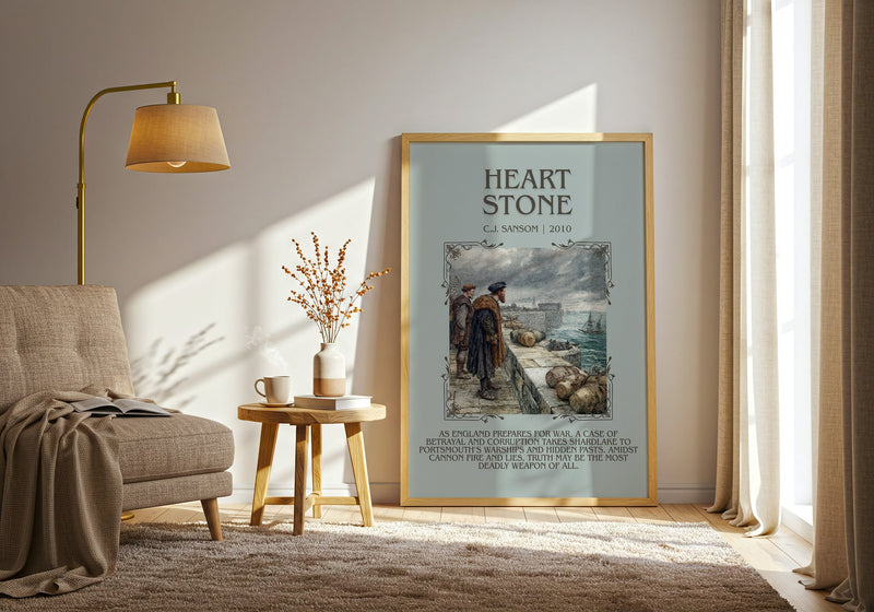Heartstone minimalist print in frame leaning in hallway – historical fiction wall art