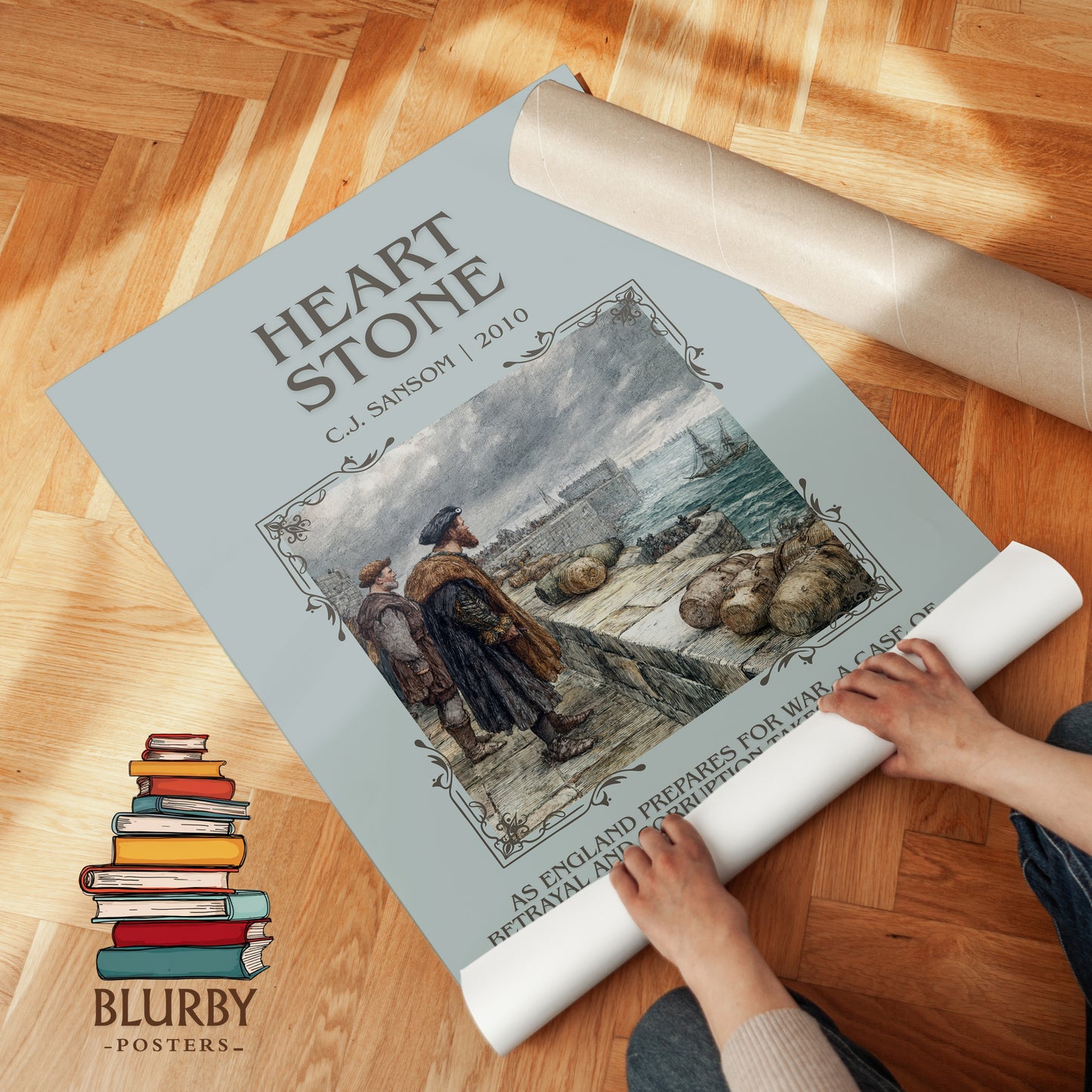 Heartstone minimalist print on bookshelf – C.J. Sansom fan gift