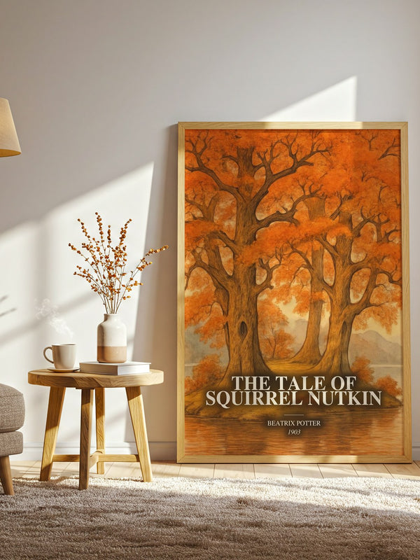 The Tale Of Squirrel Nutkin watercolour print in frame leaning in hallway – childrens wall art