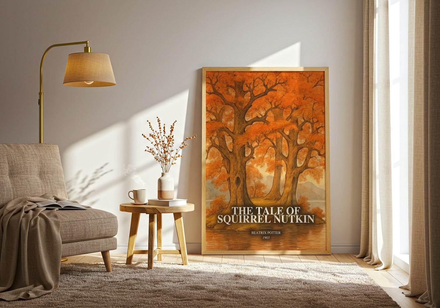 The Tale Of Squirrel Nutkin watercolour print in frame leaning in hallway – childrens wall art