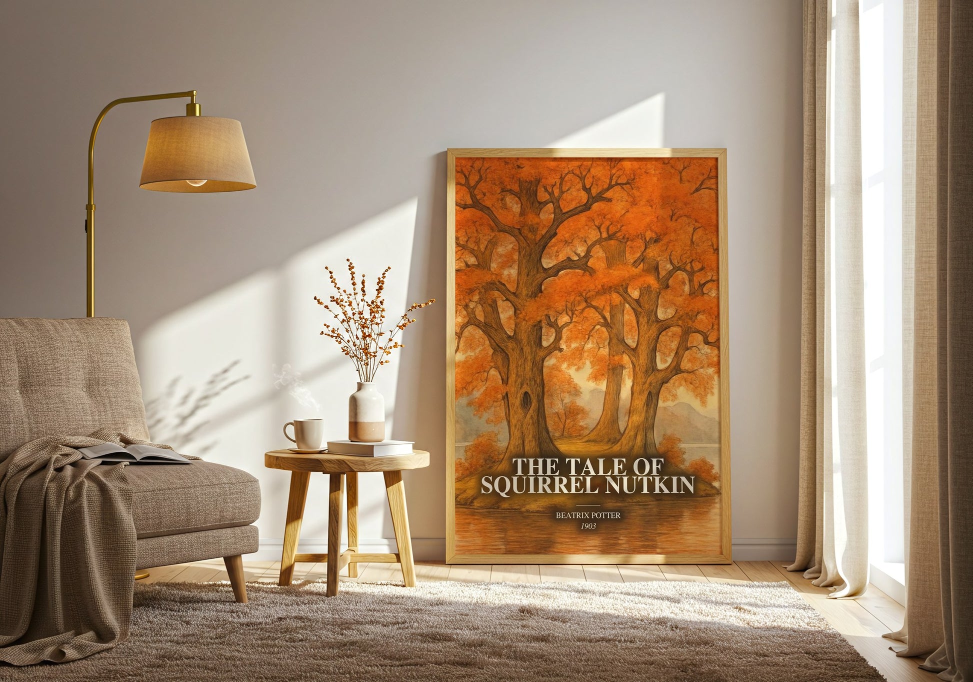 The Tale Of Squirrel Nutkin watercolour print in frame leaning in hallway – childrens wall art