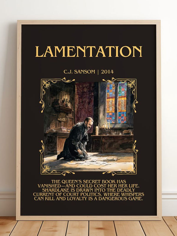 Lamentation Minimalist Book Poster by C.J. Sansom – framed print leaning on a wooden floor