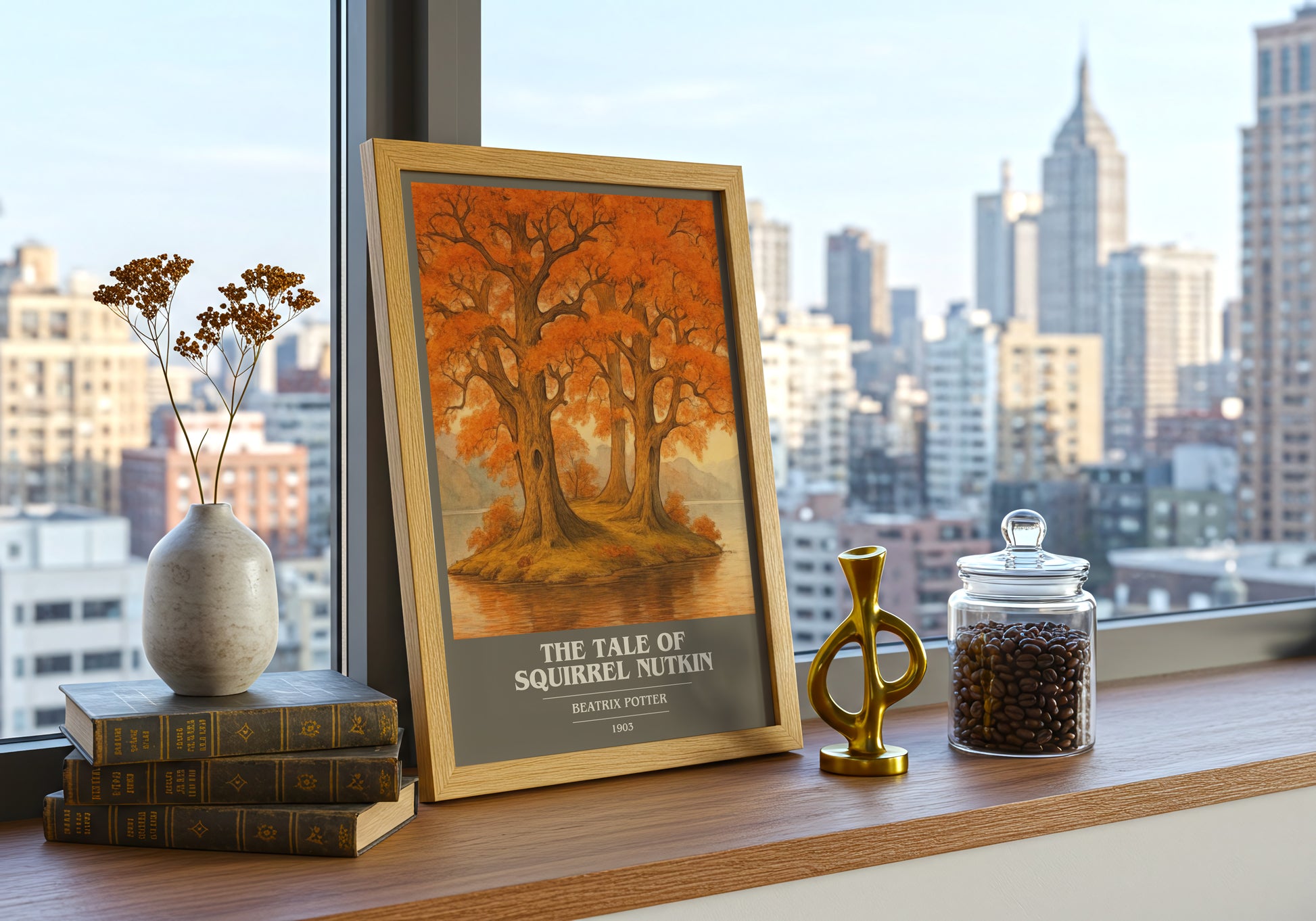The Tale Of Squirrel Nutkin book cover print framed by window – literary home decor