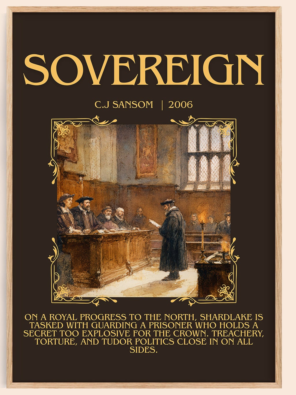 Sovereign minimalist book poster by C.J Sansom – framed literary art print