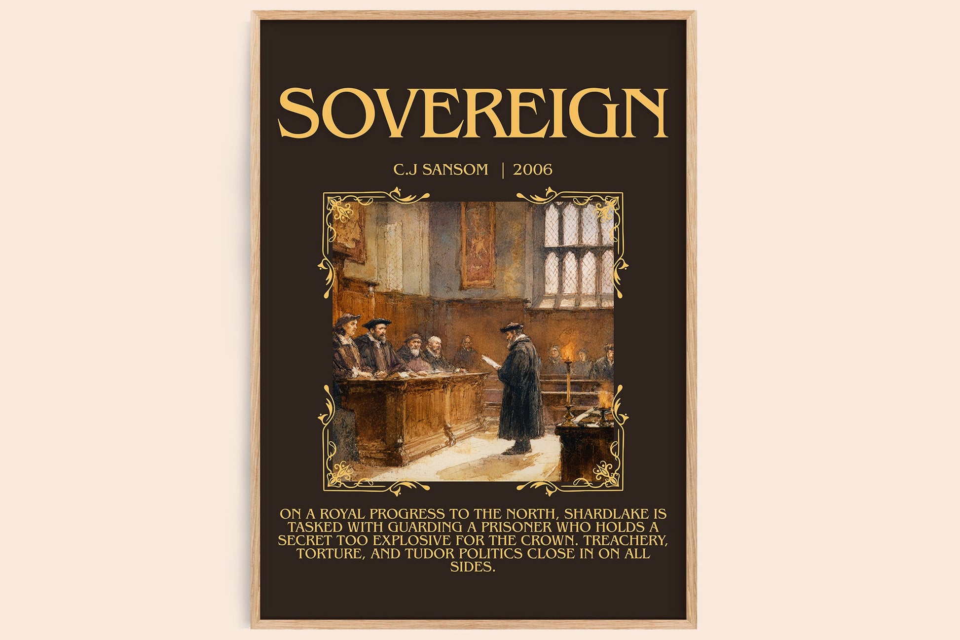 Sovereign minimalist book poster by C.J Sansom – framed literary art print