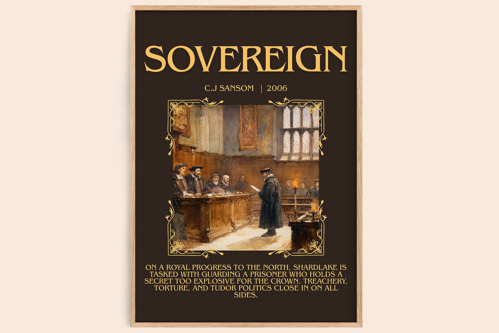 Sovereign minimalist book poster by C.J Sansom – framed literary art print