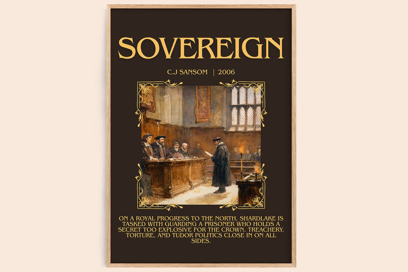 Sovereign minimalist book poster by C.J Sansom – framed literary art print
