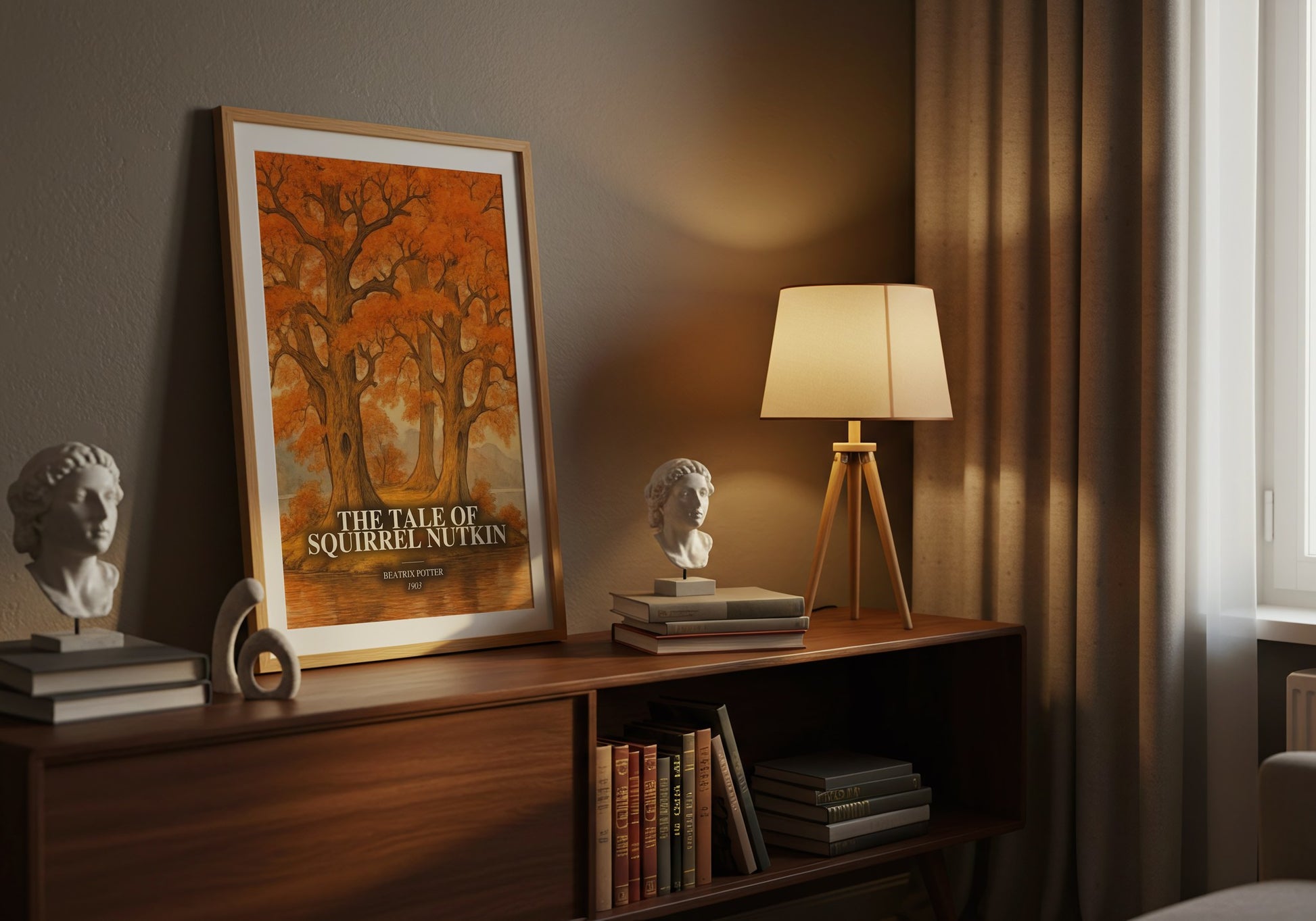 The Tale Of Squirrel Nutkin watercolour print on bookshelf – Beatrix Potter fan gift