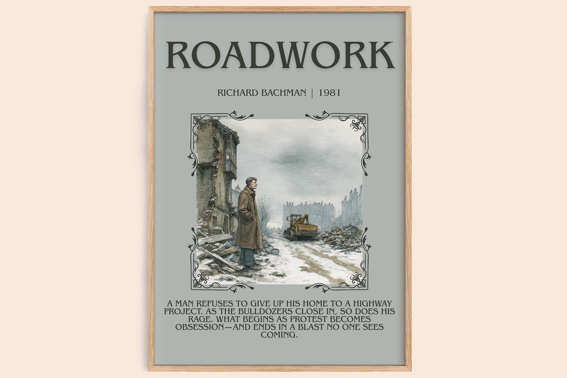 Roadwork minimalist book poster by Richard Bachman – framed literary art print