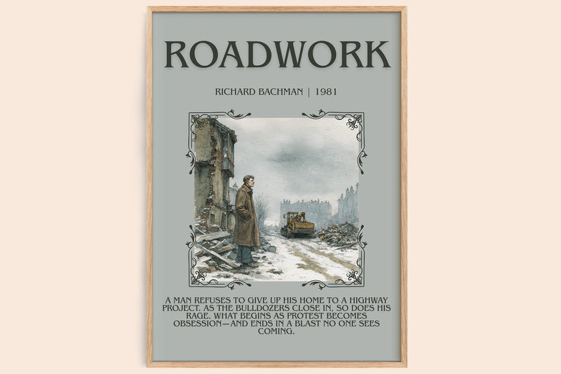 Roadwork minimalist book poster by Richard Bachman – framed literary art print