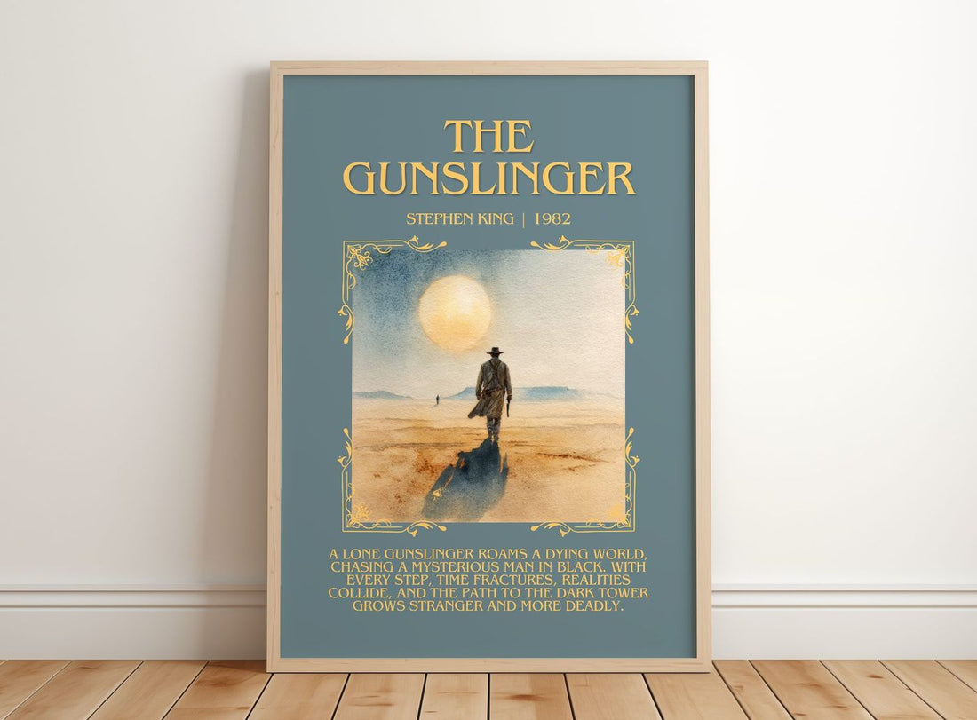 The Gunslinger Minimalist Book Poster by Stephen King – framed print leaning on a wooden floor