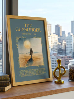 The Gunslinger Minimalist Book Poster by Stephen King – framed print on a city-view windowsill