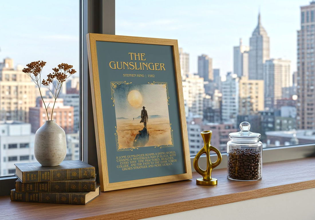 The Gunslinger Minimalist Book Poster by Stephen King – framed print on a city-view windowsill