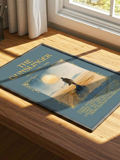 The Gunslinger Minimalist Book Poster by Stephen King – print on a sunlit desk