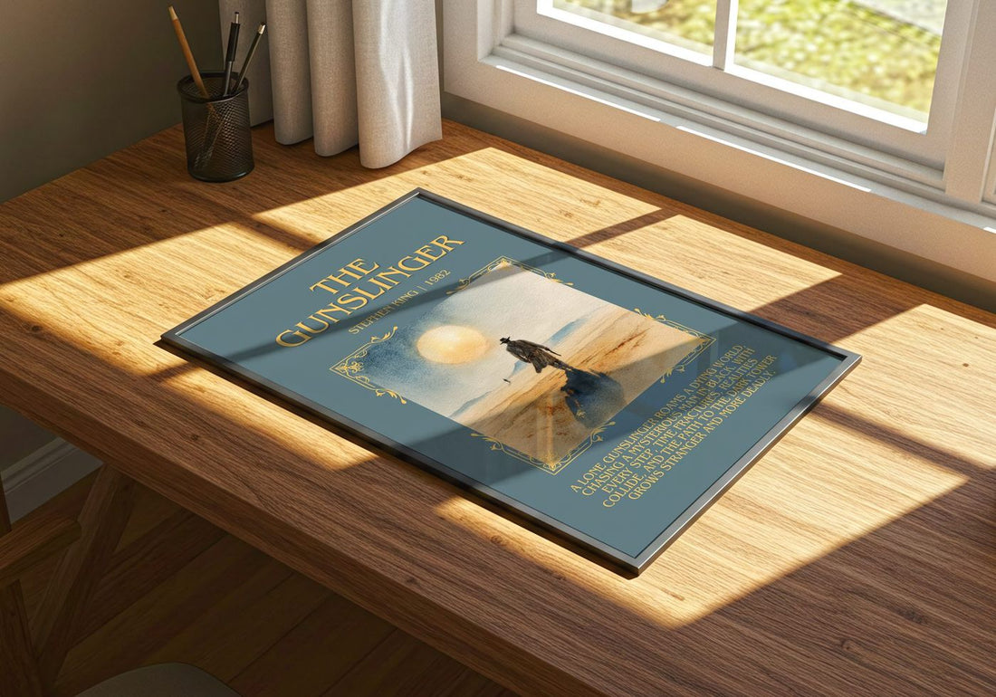 The Gunslinger Minimalist Book Poster by Stephen King – print on a sunlit desk