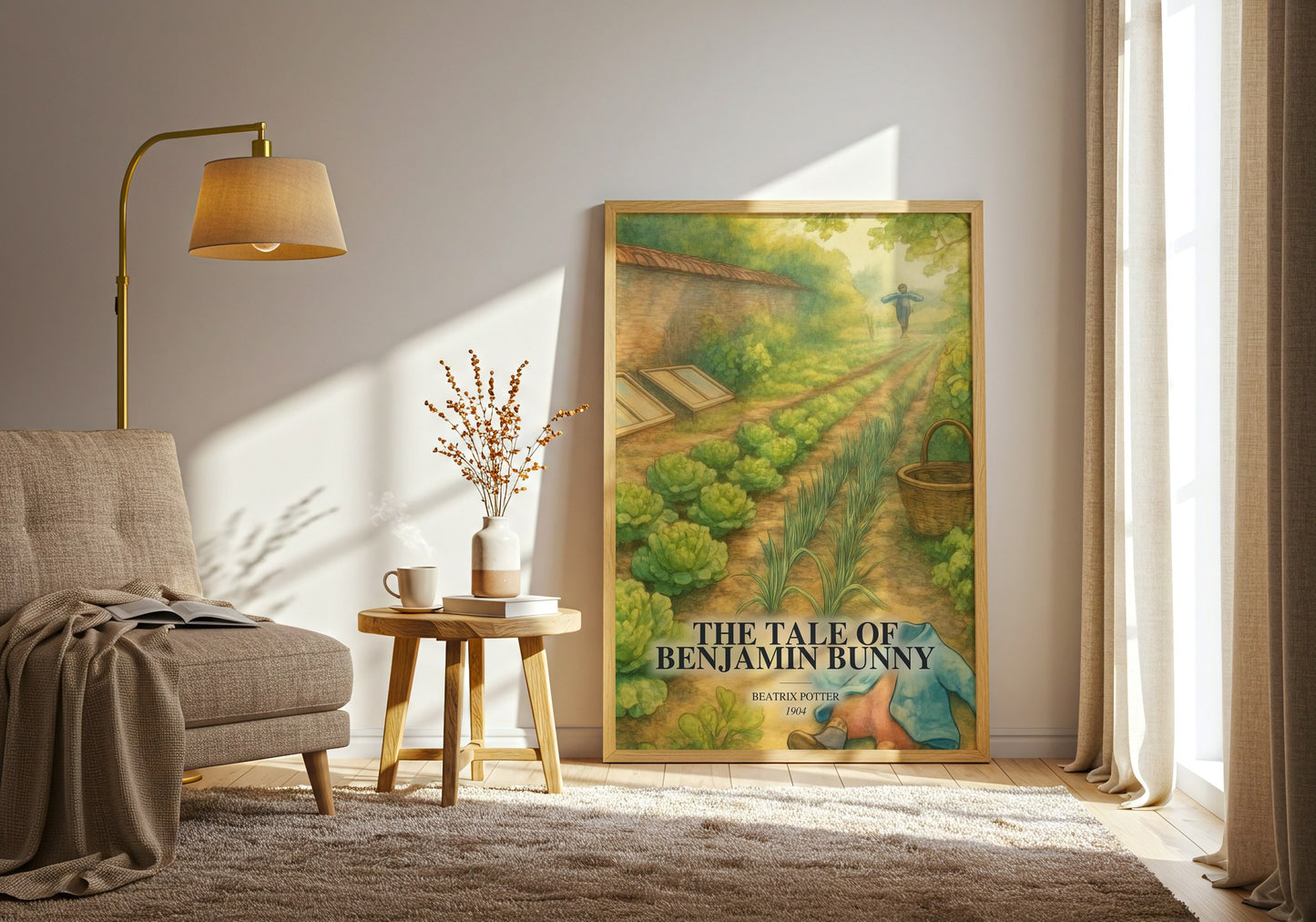 The Tale Of Benjamin Bunny watercolour print in frame leaning in hallway – childrens wall art