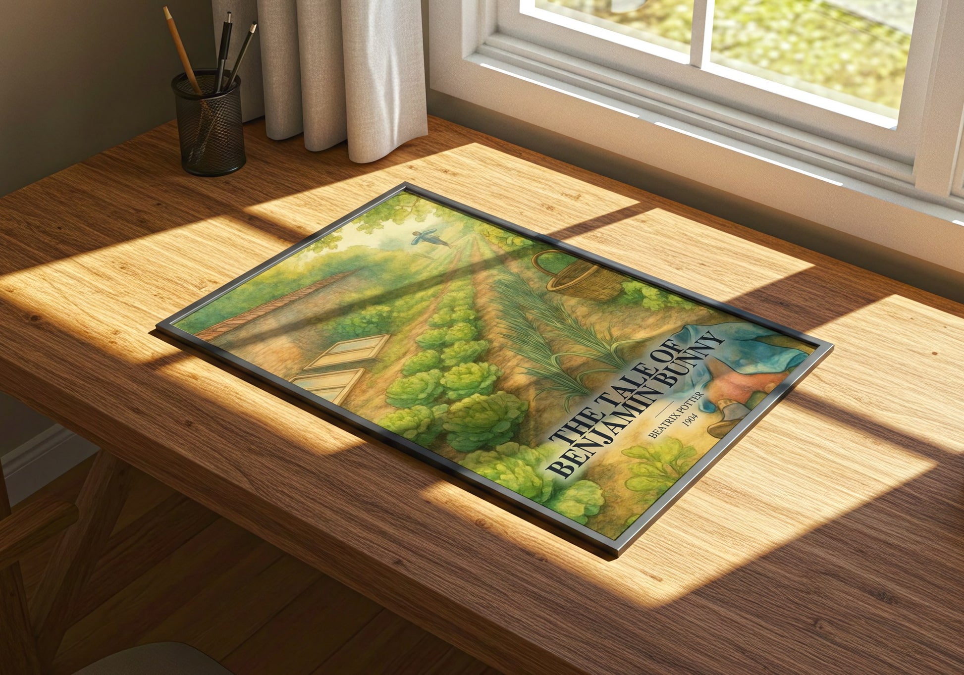 The Tale Of Benjamin Bunny watercolour book poster framed on wall – childrens wall art