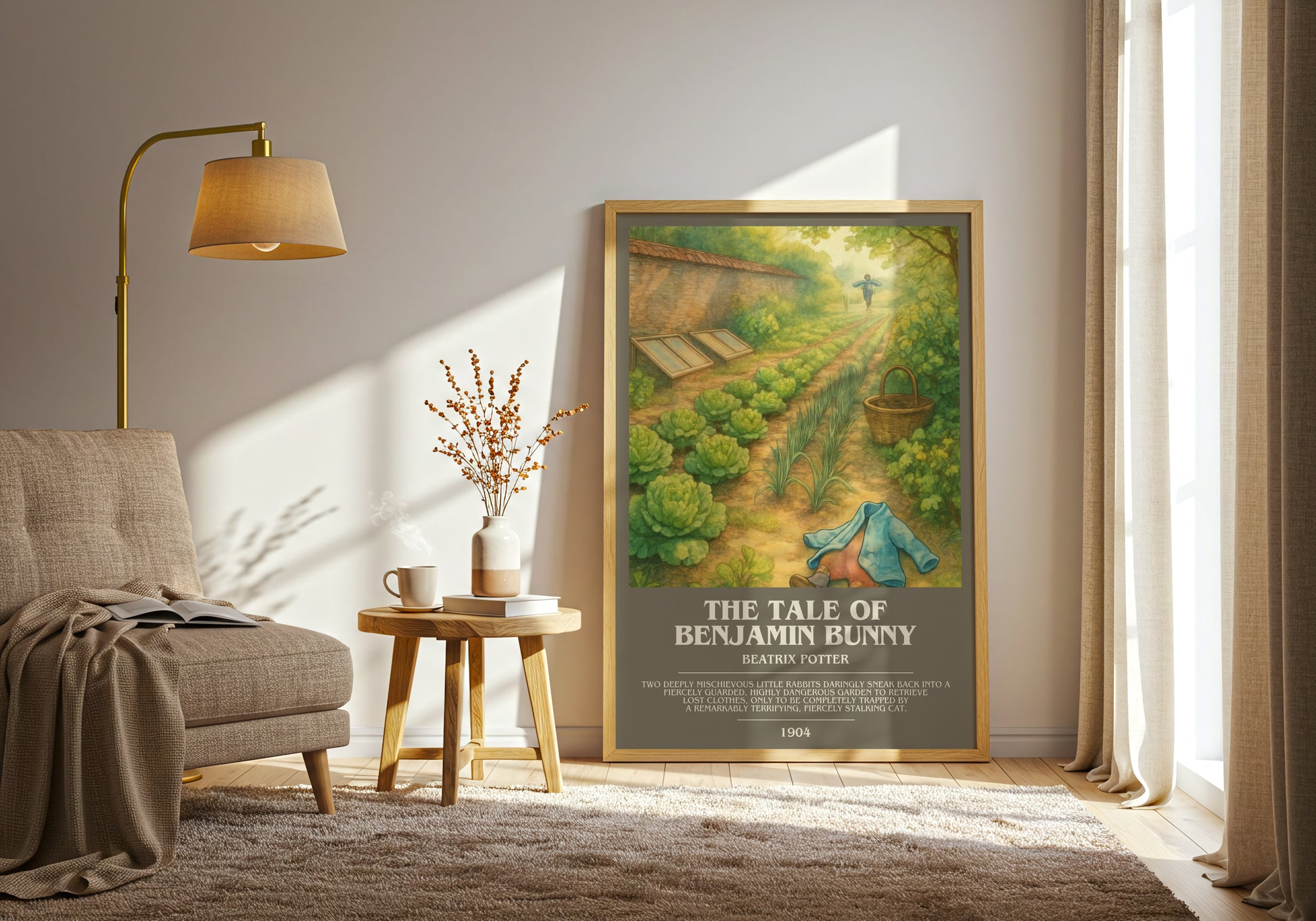 The Tale Of Benjamin Bunny bookish print on bookshelf – Beatrix Potter fan gift