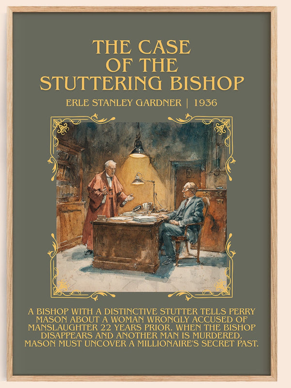 The Case of the Stuttering Bishop minimalist book poster by Erle Stanley Gardner – framed literary art print