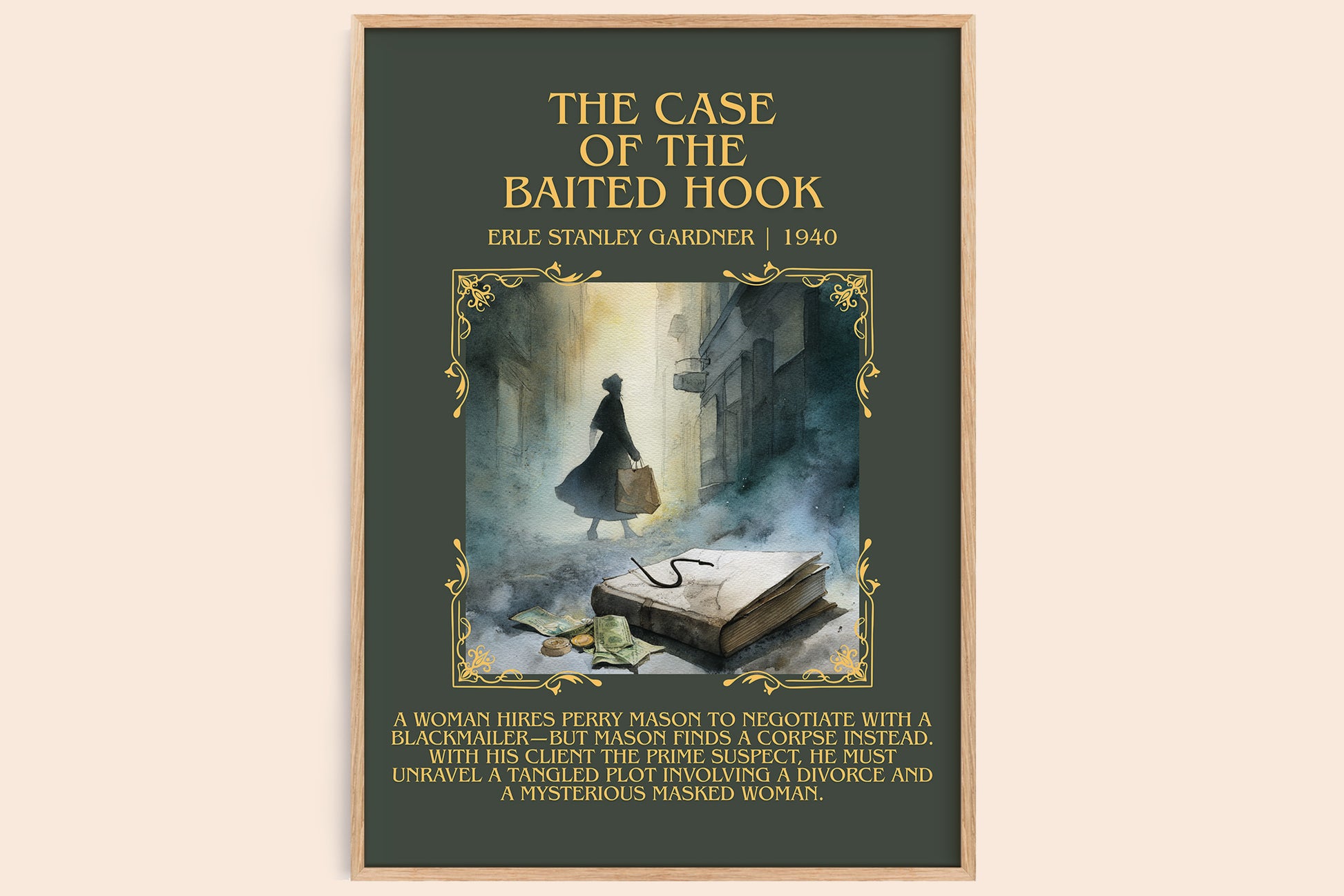The Case of the Baited Hook minimalist book poster by Erle Stanley Gardner – framed literary art print
