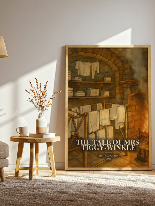 The Tale Of Mrs. Tiggy-Winkle watercolour print in frame leaning in hallway – childrens wall art