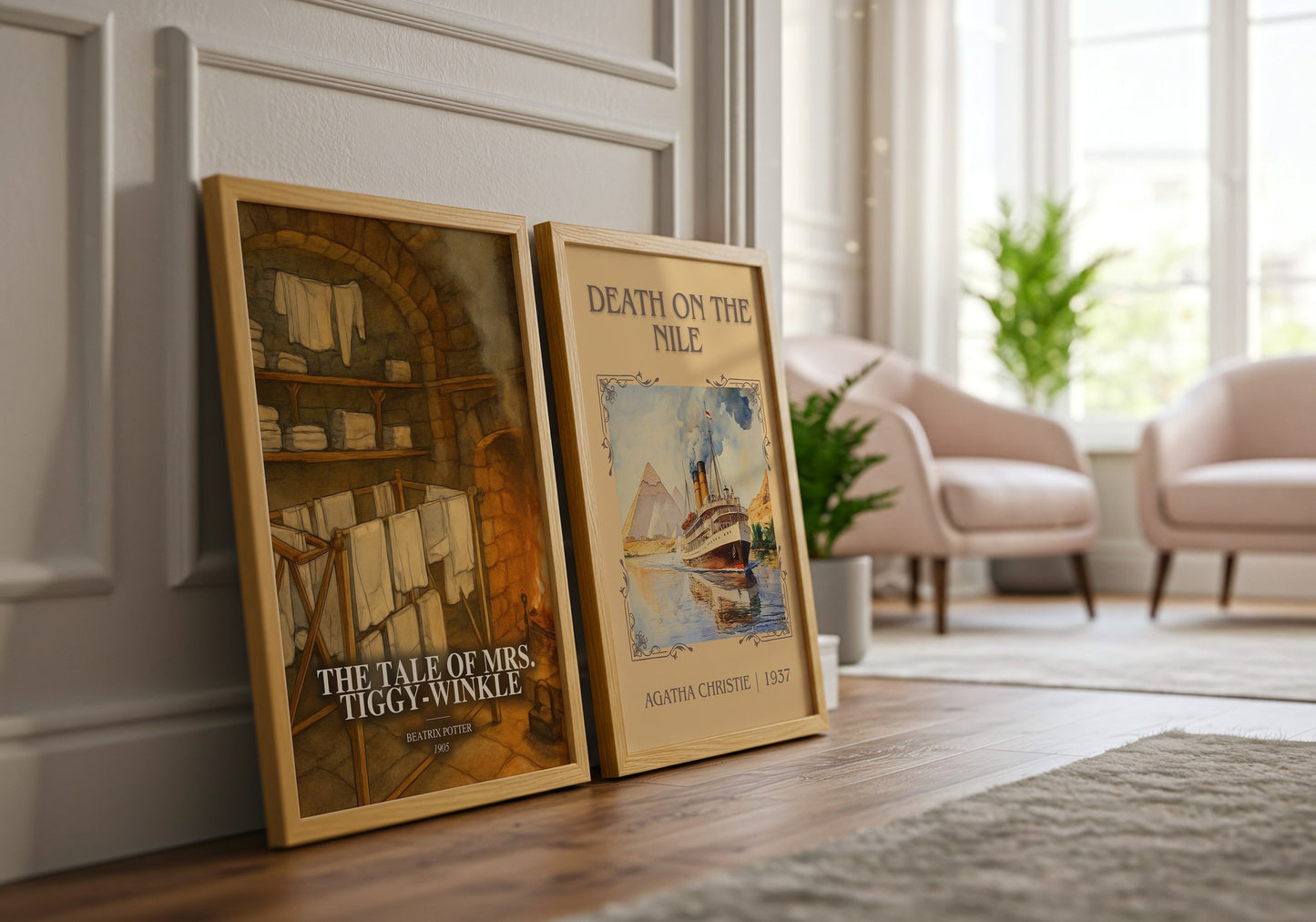 The Tale Of Mrs. Tiggy-Winkle watercolour print framed by window – literary home decor