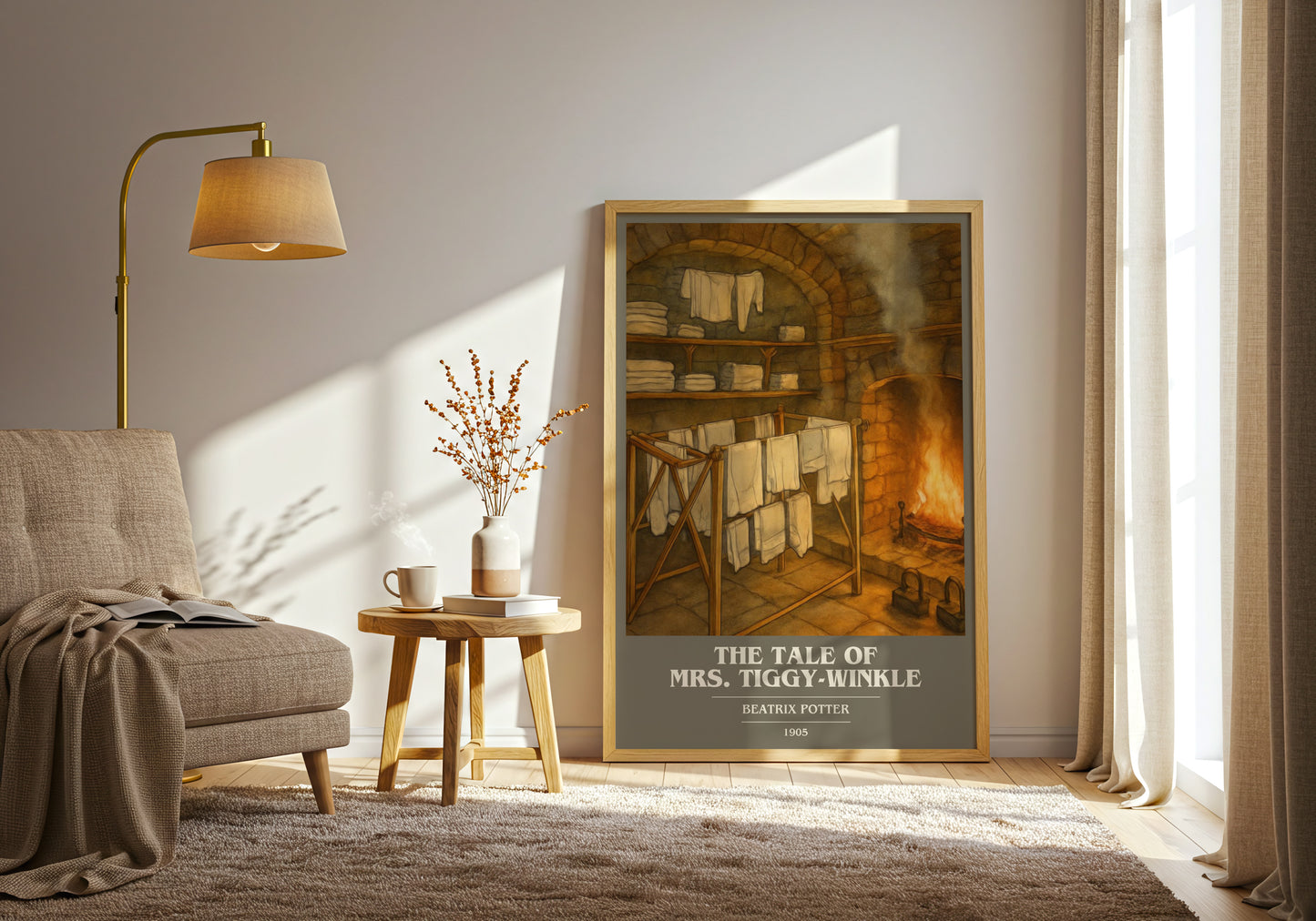 The Tale Of Mrs. Tiggy-Winkle book cover print on bookshelf – Beatrix Potter fan gift