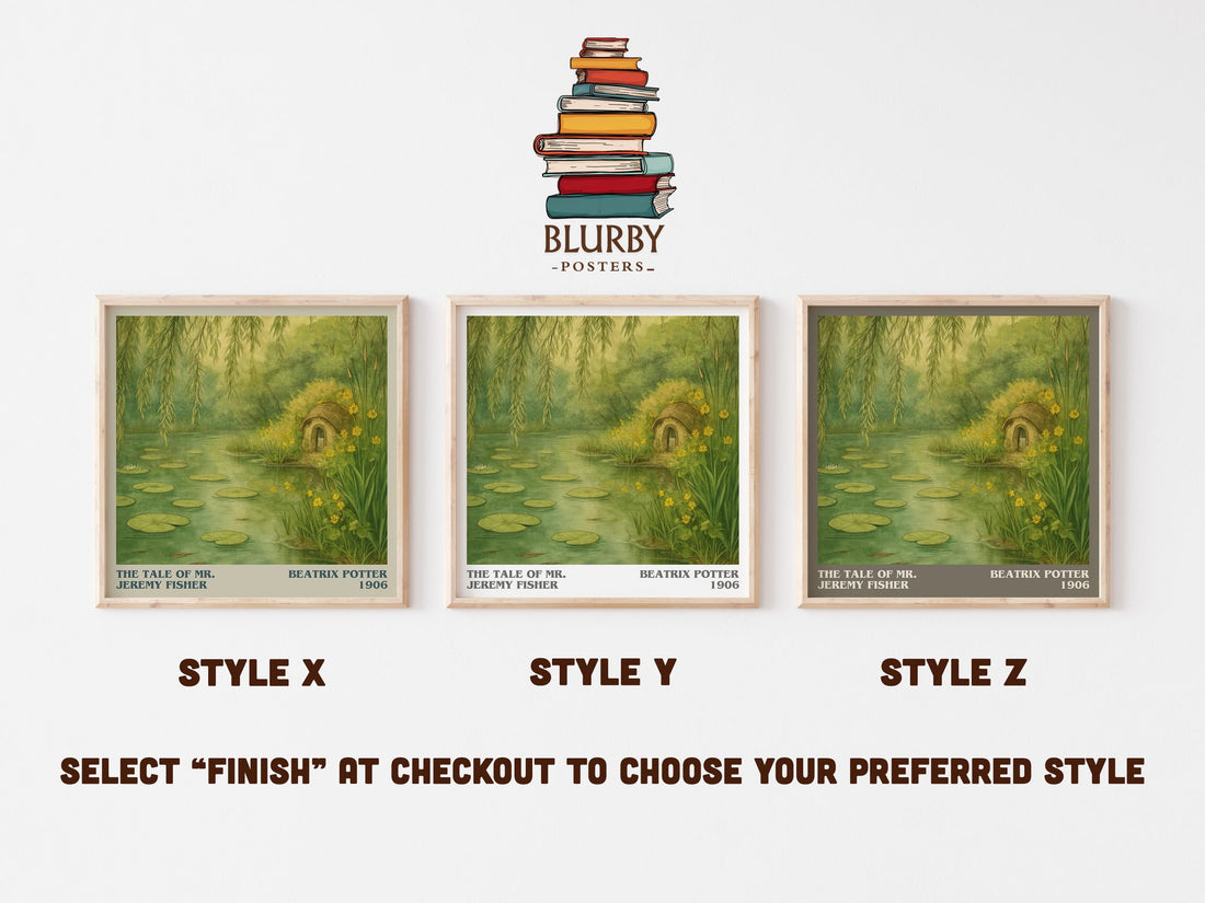 The Tale Of Mr. Jeremy Fisher literary print in frame leaning in hallway – childrens wall art (mockup)