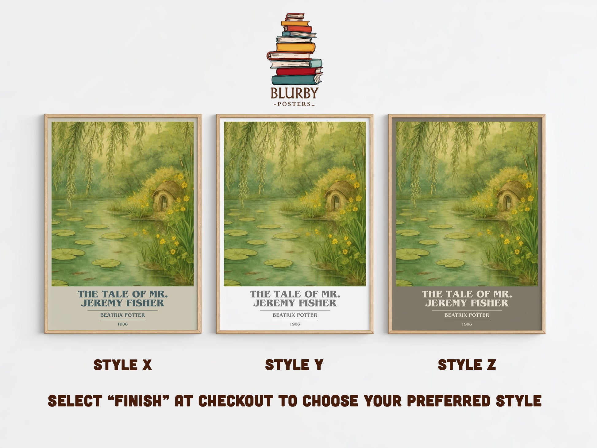 The Tale Of Mr. Jeremy Fisher book cover print in frame leaning in hallway – childrens wall art