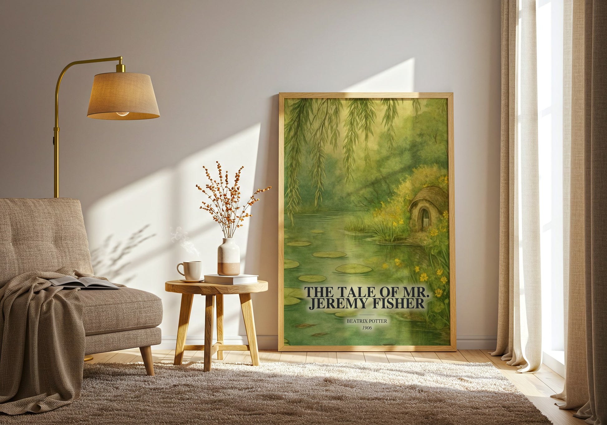 The Tale Of Mr. Jeremy Fisher watercolour print in frame leaning in hallway – childrens wall art