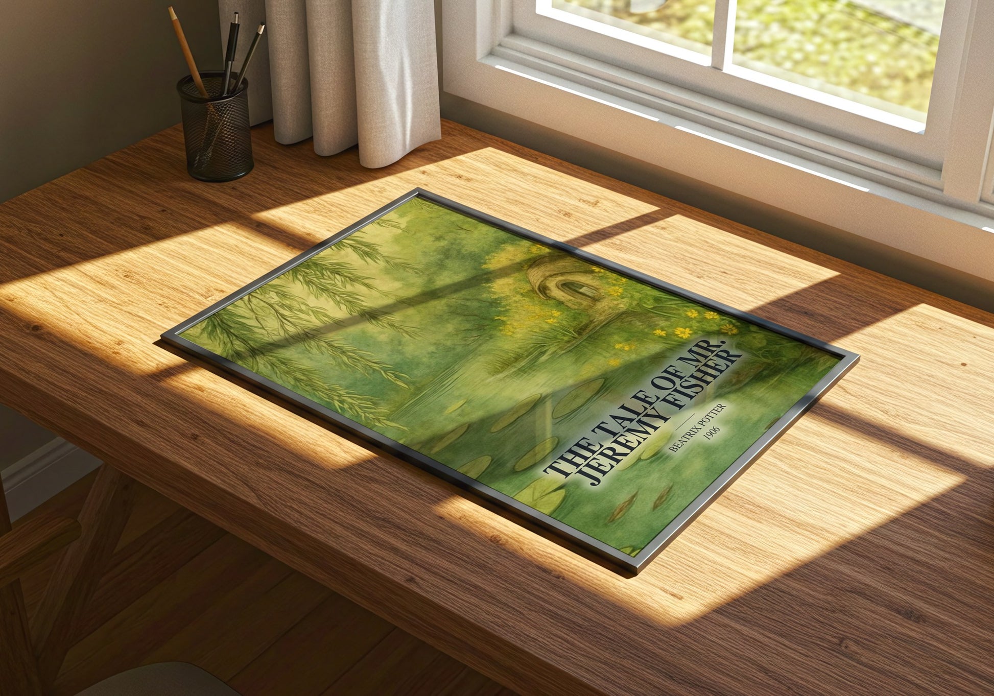 The Tale Of Mr. Jeremy Fisher watercolour book poster framed on wall – childrens wall art