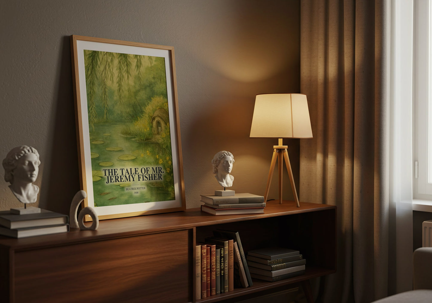 The Tale Of Mr. Jeremy Fisher watercolour print on bookshelf – Beatrix Potter fan gift